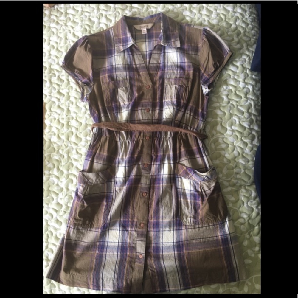 Decree brown plaid tie waist shirt dress
